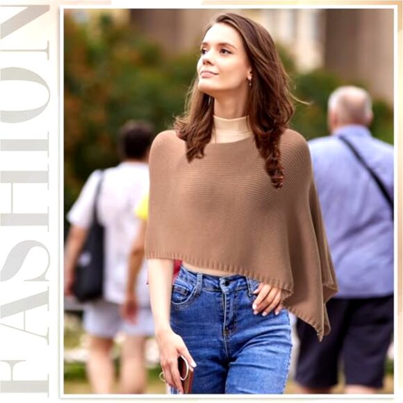 Lightweight Knit Poncho Shrug Brown Asymmetrical Layering - Picture 3 of 6